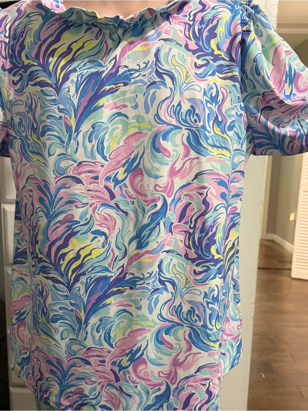 Simply Southern Pastel Swirl Off-Shoulder Top - Pink Blue Mint Yellow